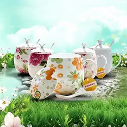 410ML, Cute floral rose designed, bone china thermos tumbler mug, tea for one cup, large mug, with lip & spoon