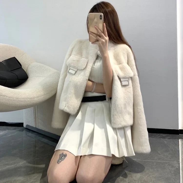 Girl style gentle and sweet imitation mink plush warm standing collar short jacket cardigan coat