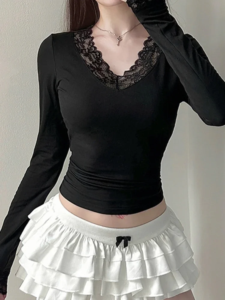 2025 New Aesthetic Sweet Basic T-shirt Women Streetwear Dark Gothic Elegant Lace Patchwork V-neck Long Sleeve Crop Tee Top Femme