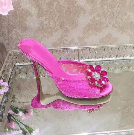 Summer Purple Blue Lace Floral Crystal Rhinestone Shallow Slippers Women Peep Toe 6 9 CM Thin High Heel Side Bride Wedding Shoes