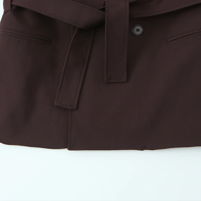 سترة Willshela للسيدات مع حزام بني مزدوج الصدر وأكمام طويلة ورقبة مدببة ملابس نسائية للمكتب #5