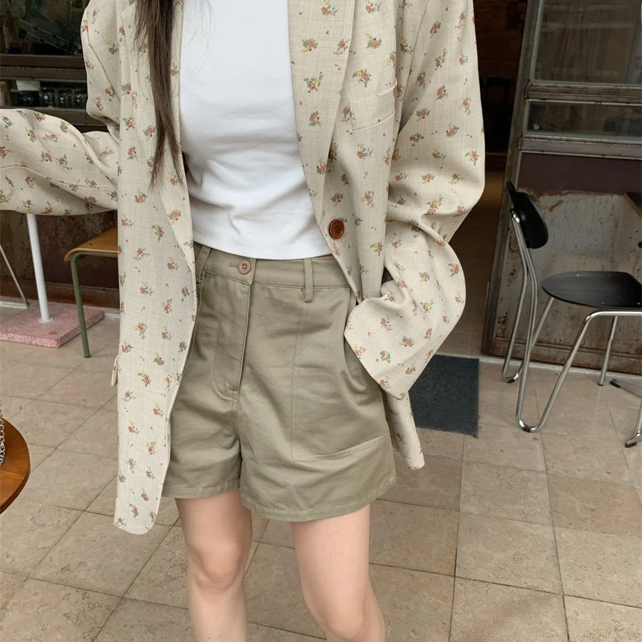 Chic Vintage Early Spring Linen Suit Jacket Women's Small Floral Print Classy Street Style Long Sleeve Single Button Closure