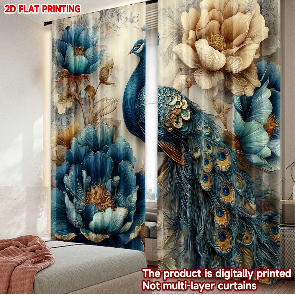 2pcs Peacock Floral Curtains Digital Printing,Elegant Blue White Blossoms with Multicolor Feathers for Living Room Bedroom Decor