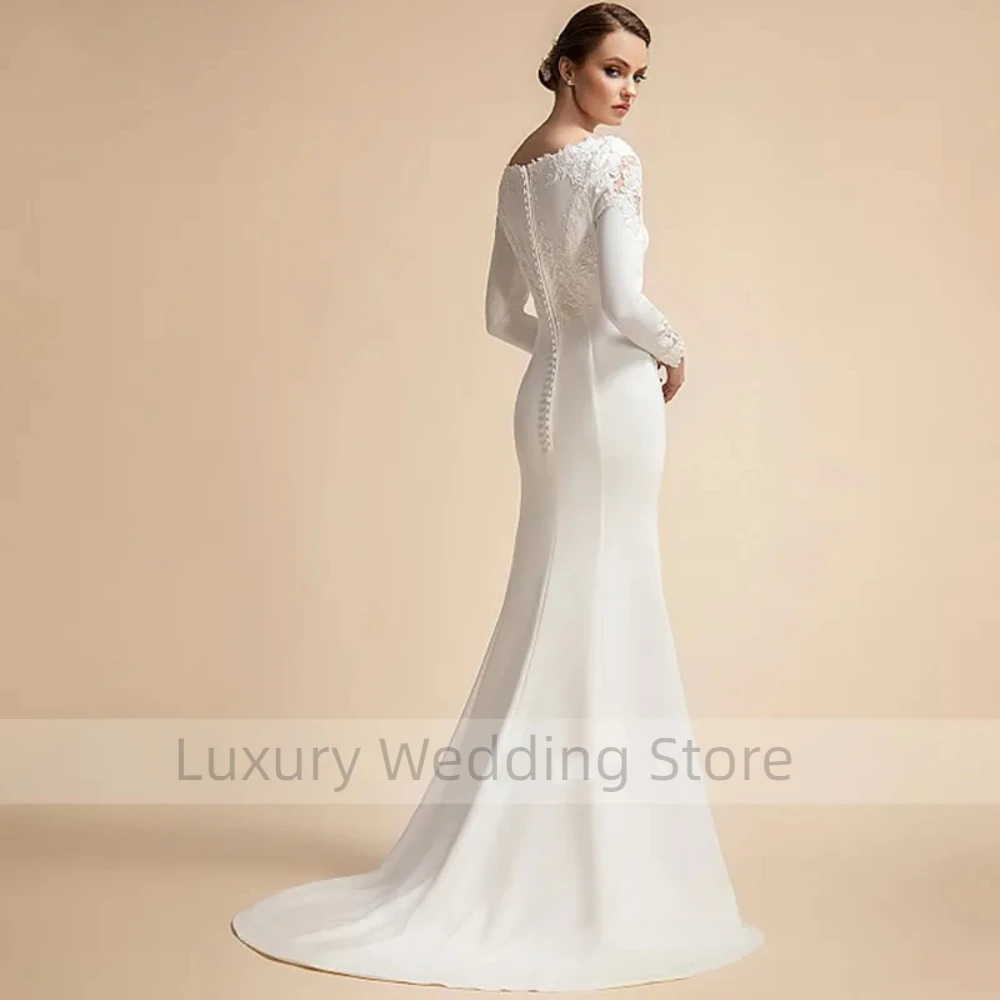 Vestidos de casamento luxuosos para mulheres, renda cetim, vestidos de noiva marfim muçulmanos, o-pescoço, mangas compridas, vestido simples sereia, 2024