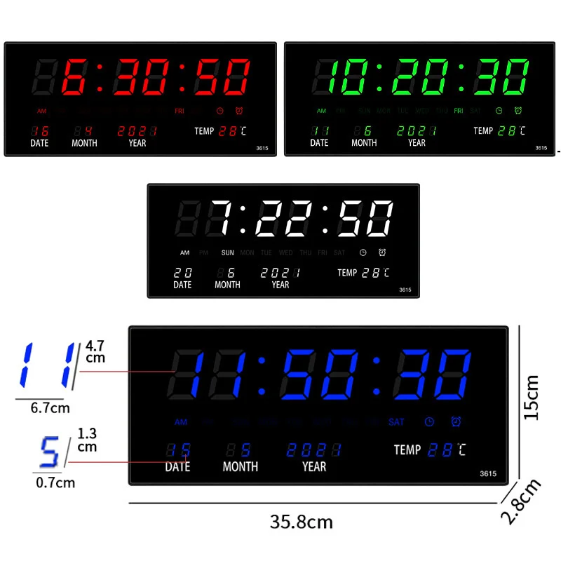 Imagem -05 - Relógio de Parede Digital Luminoso com Plugue Alarme Hora Chiming Temperatura Data Calendário Tabela Eletrônico Led Decoração