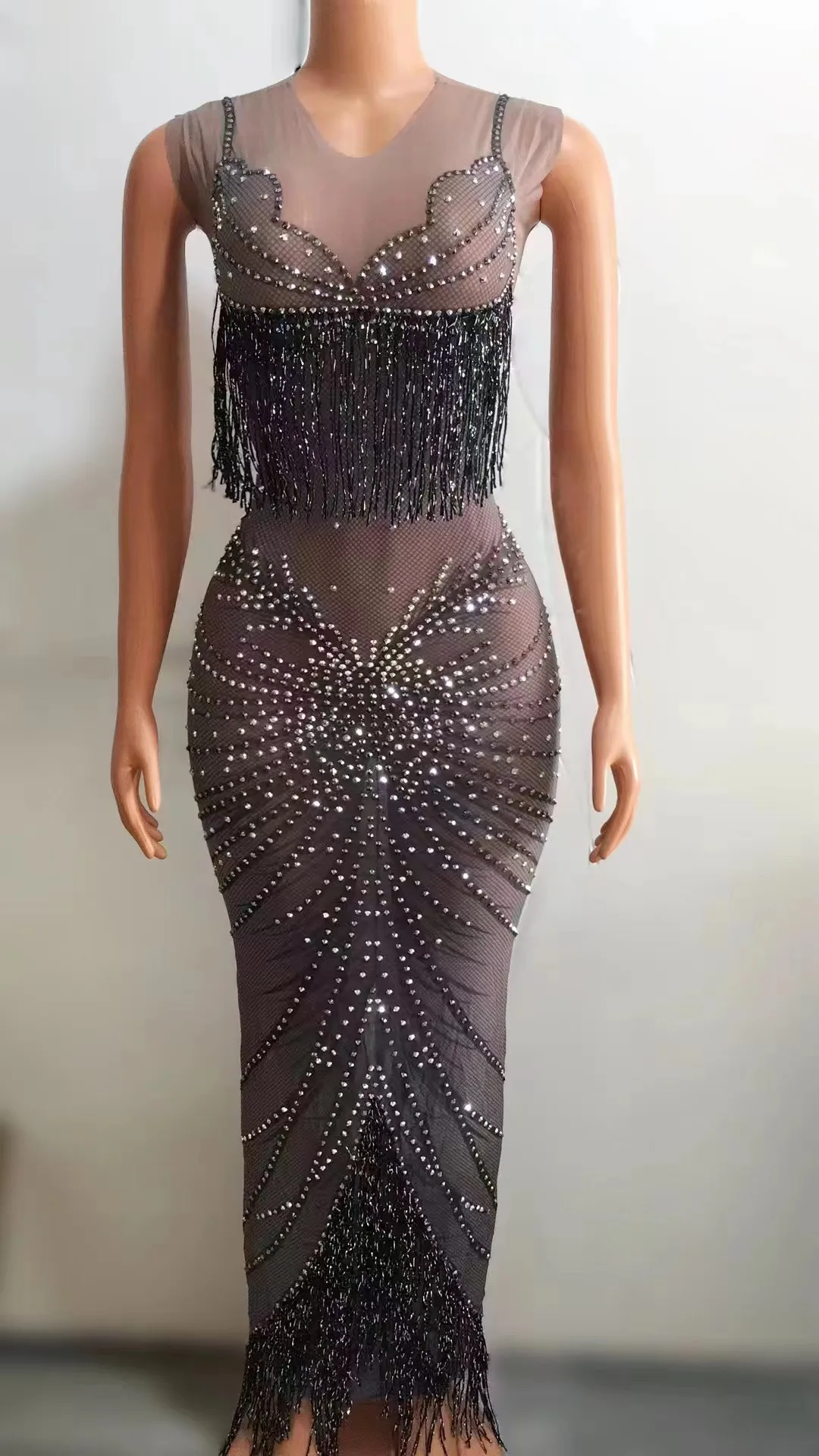 

Celebration Party Dress Shiny RhinestonePearl Long Sleeve Dresses Black Gray SexyGirls Day show wear