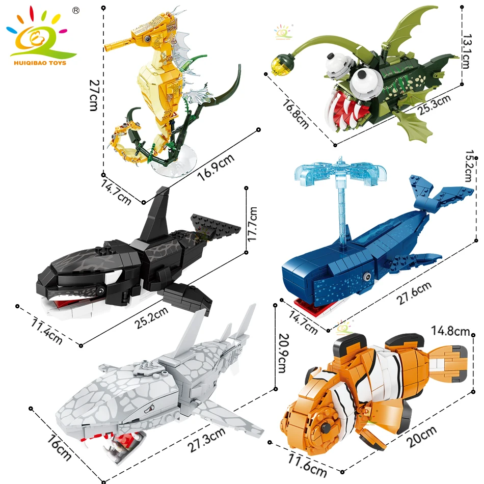 HUIQIBAO Moc Marine Animals Model Building Blocks Fish Shark Octopus City Construction Bricks Set Children Toys for Kids Gift