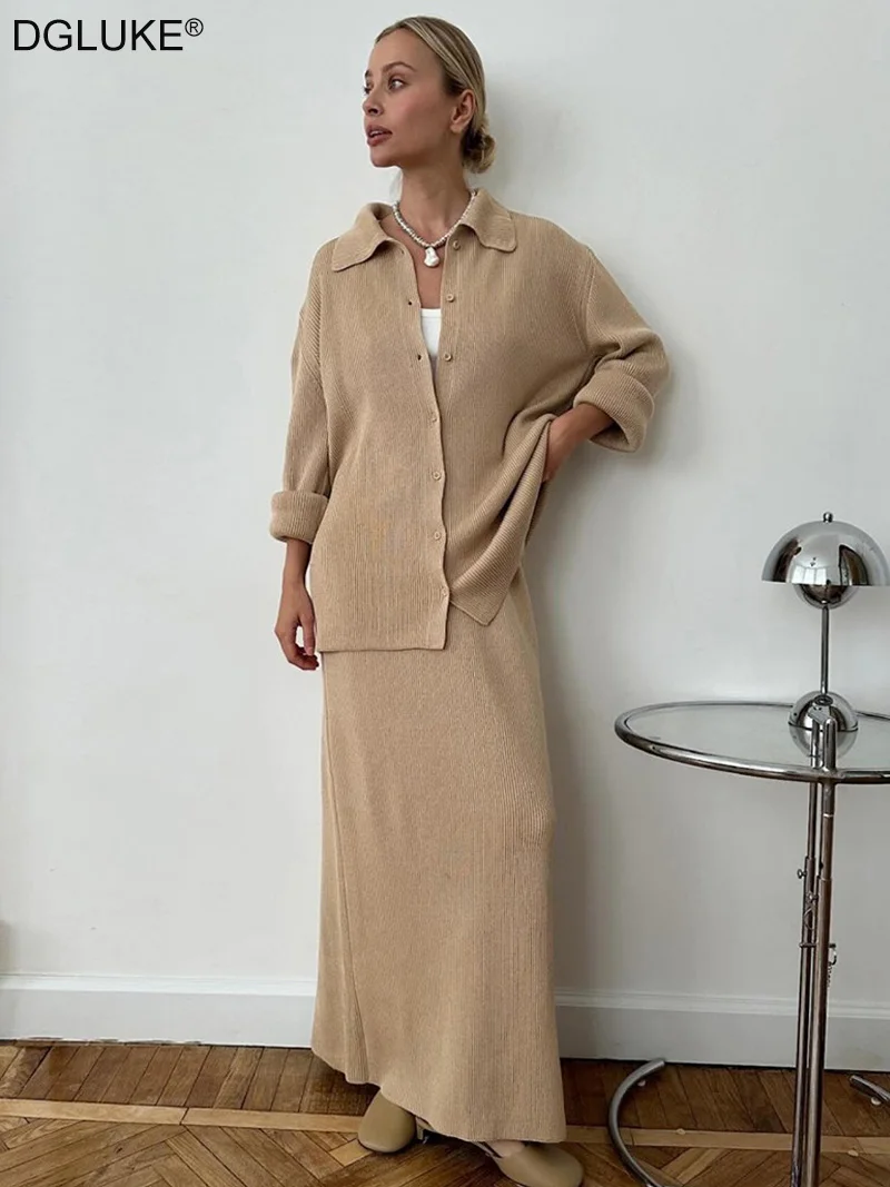 

DGLUKE вязаная юбка, комплект из двух предметов, женская одежда для путешествий и отпуска, кардиган на пуговицах, длинная юбка, одинаковый комплект