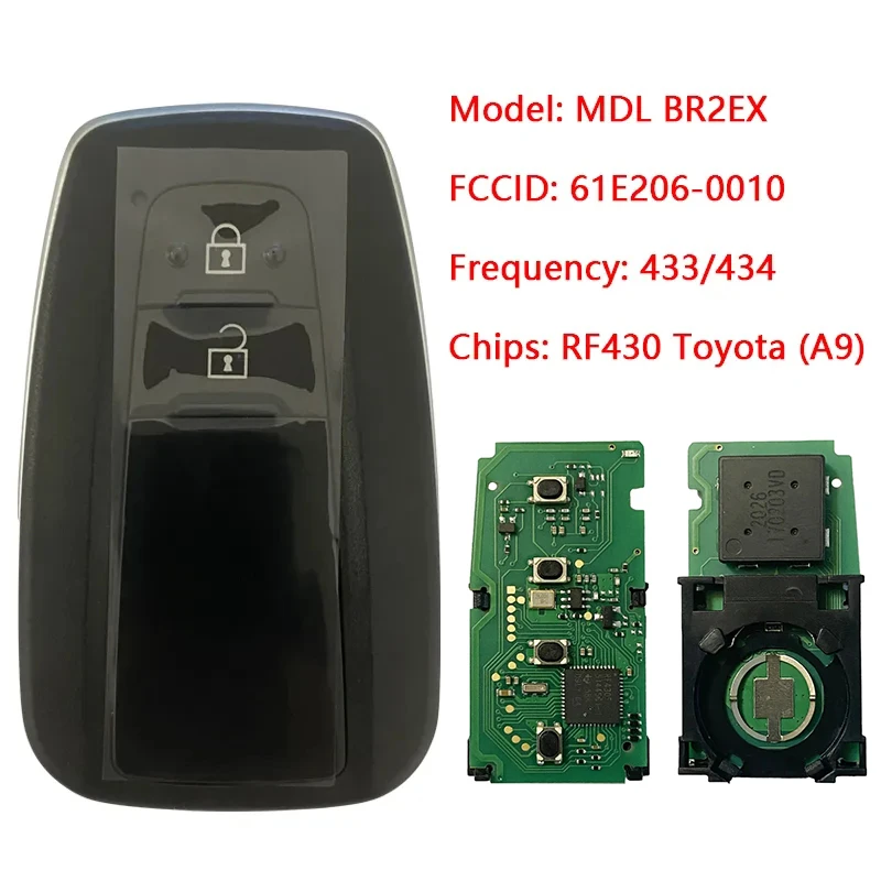 Aftermarket 2 botões de controle chave inteligente para Toyota C-HR 2018, controle remoto com placa 433Mhz, 61E206-0010 MDL BR2EX, CN007124