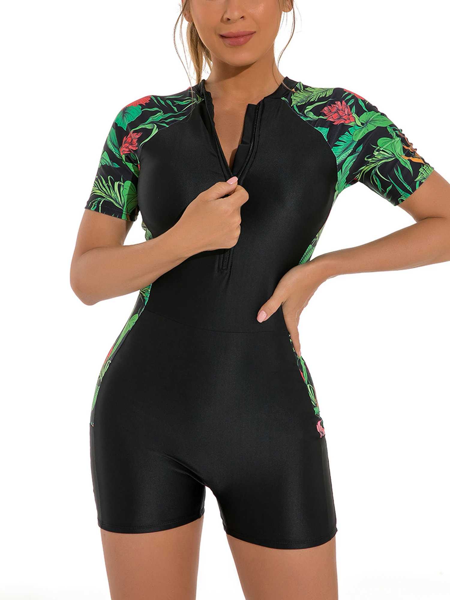 Womens Short Sleeve Swimsuit Rash Guards Wetsuit Floral Print Zipper Surfing Diving Swimming Jumpsuit Swimwear Bathing Suit