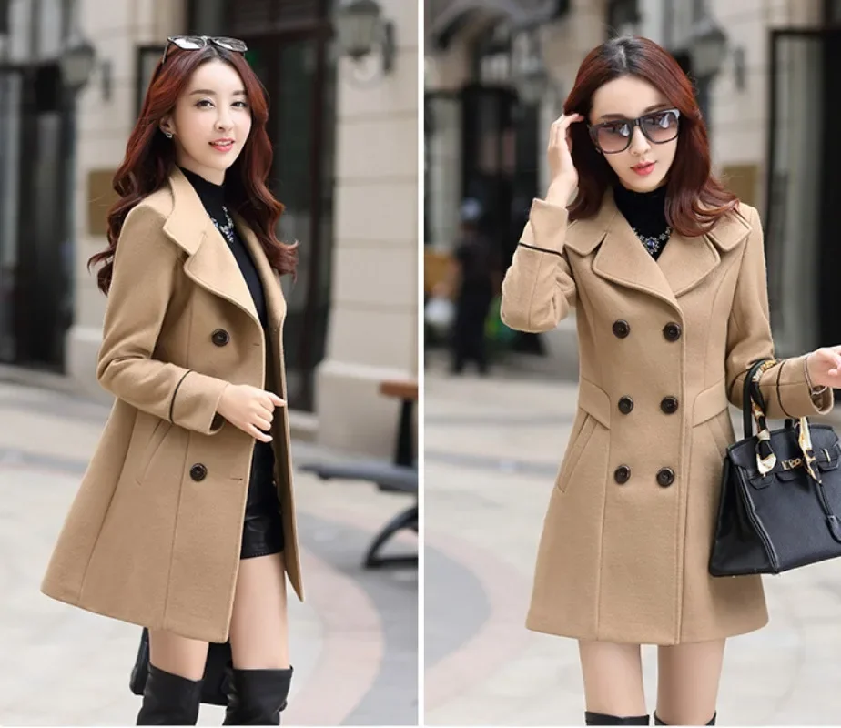 Women New Double-breasted Mock Wool Coats Autumn Winter Slim Solid Colors Blends Coats Fashion Warm Trench Office Lady Jackets