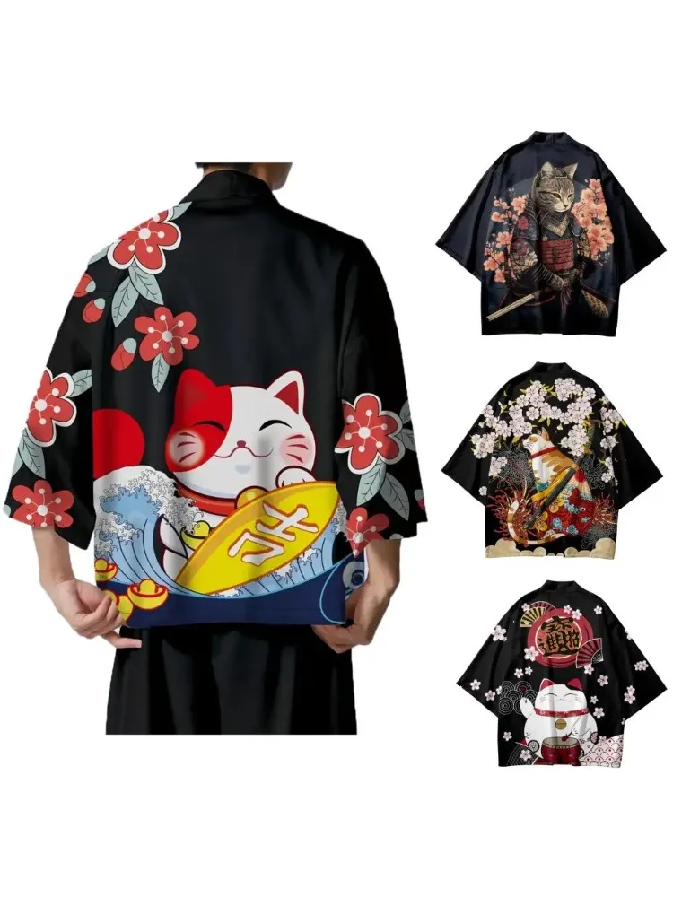 Japanse Sakura Cat Samurai bedrukte kimono voor mannen en vrouwen, Haori vest, traditioneel kostuum, losse mantel met korte mouwen, S-3XL - afbeelding 2