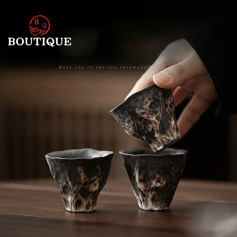 2pc/Set Japanese Wabi-sabi Style Ceramic Tea Cup Rough Pottery Small Cup Creative Lotus Master Cup Kung Fu Teaset Drinkware 50ml