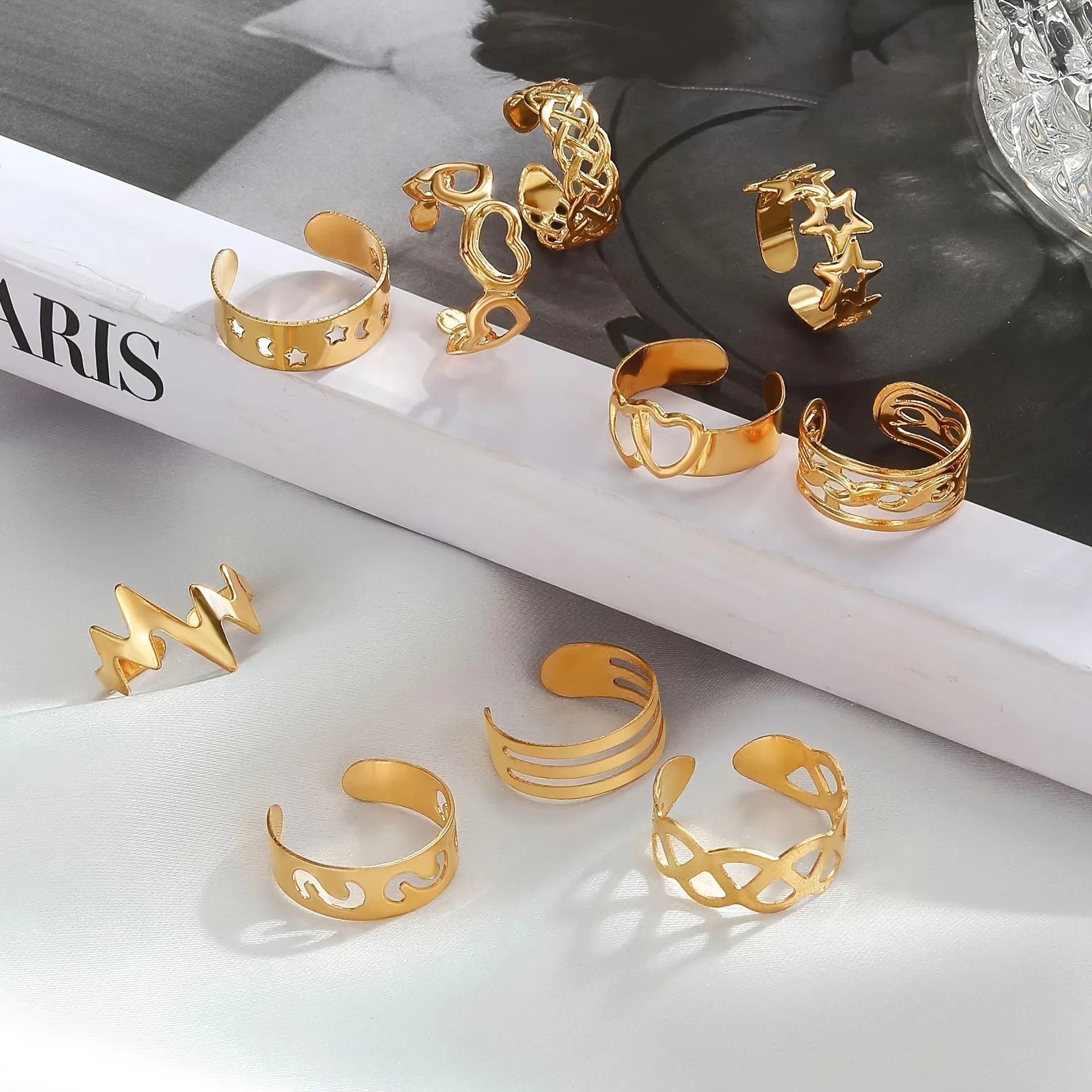 10Pcs Bohemian Hollow Star Moon Toe Ring Vintage Gold Color Adjustable Wide Opening Ring Women\'s Summer Beach Jewelry