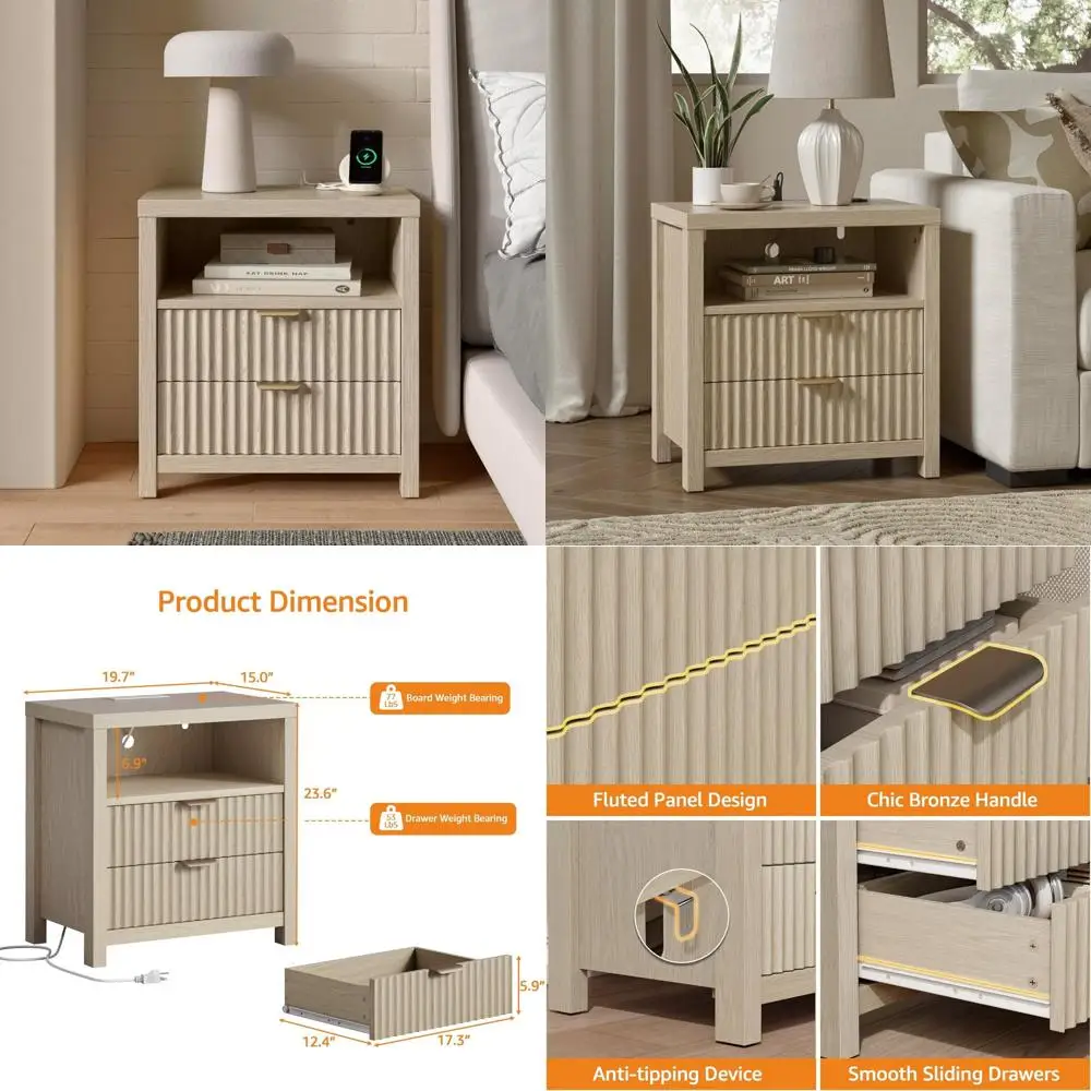 

Обущенная прикроватная тумбочка Furnulem с зарядной станцией, прикроватная тумбочка шириной 19,7 дюймов, тумбочка с 2 деревянными выдвижными ящиками и открытой она