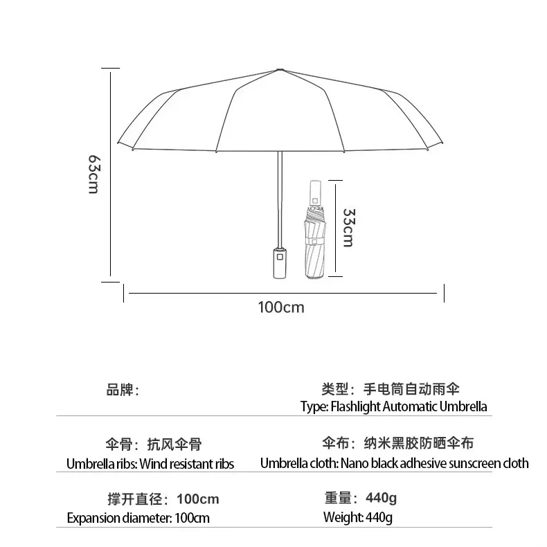 Fully Automatic Umbrella Sunscreen Sunshade Sun Umbrella Dual Use with LED Flashlight Business 3 Fold Umbrella