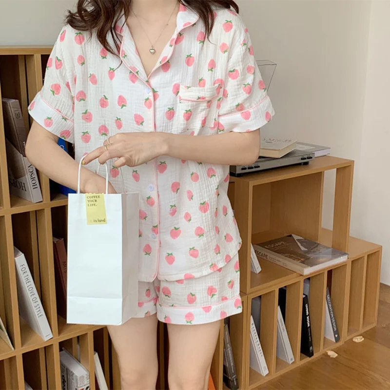 100% Cotton Summer Pajamas Set Women Single Breasted Shirts Tops + Shorts Kawaii Strawberry Pink Sleepwear Casual Home Suit Soft