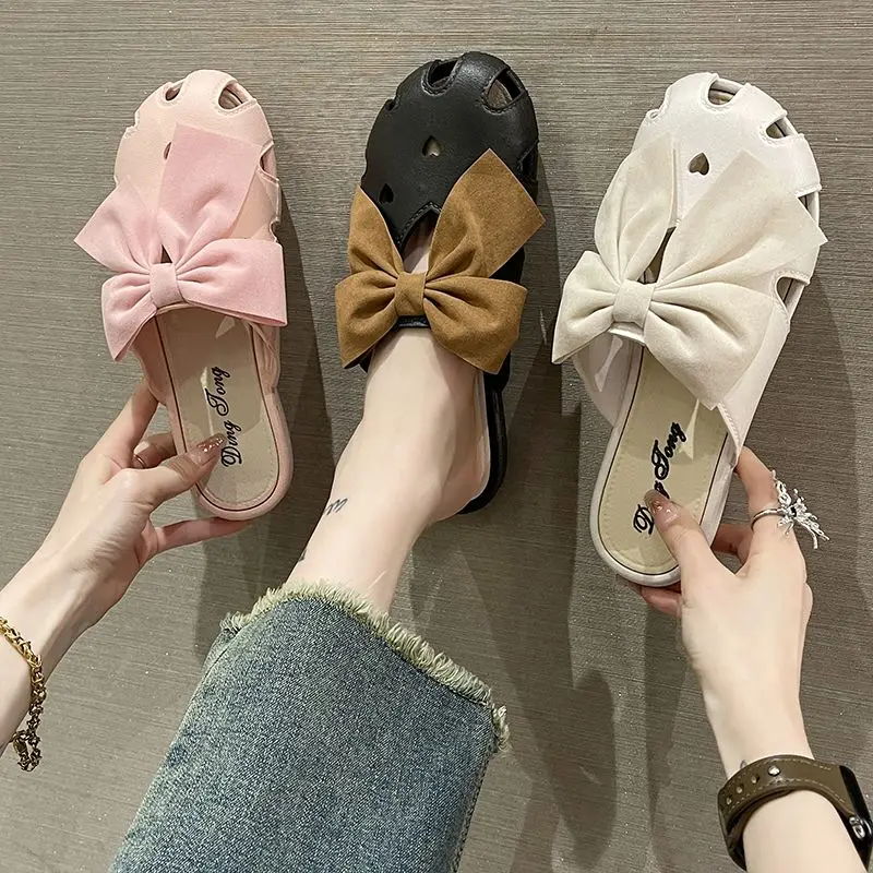 Summer Cute Woman Slippers Mules Slides Kawaii Sandals With Bow Shoes For Women 2024 Round Toe Pink Flat H Sandal Chic Point Hot