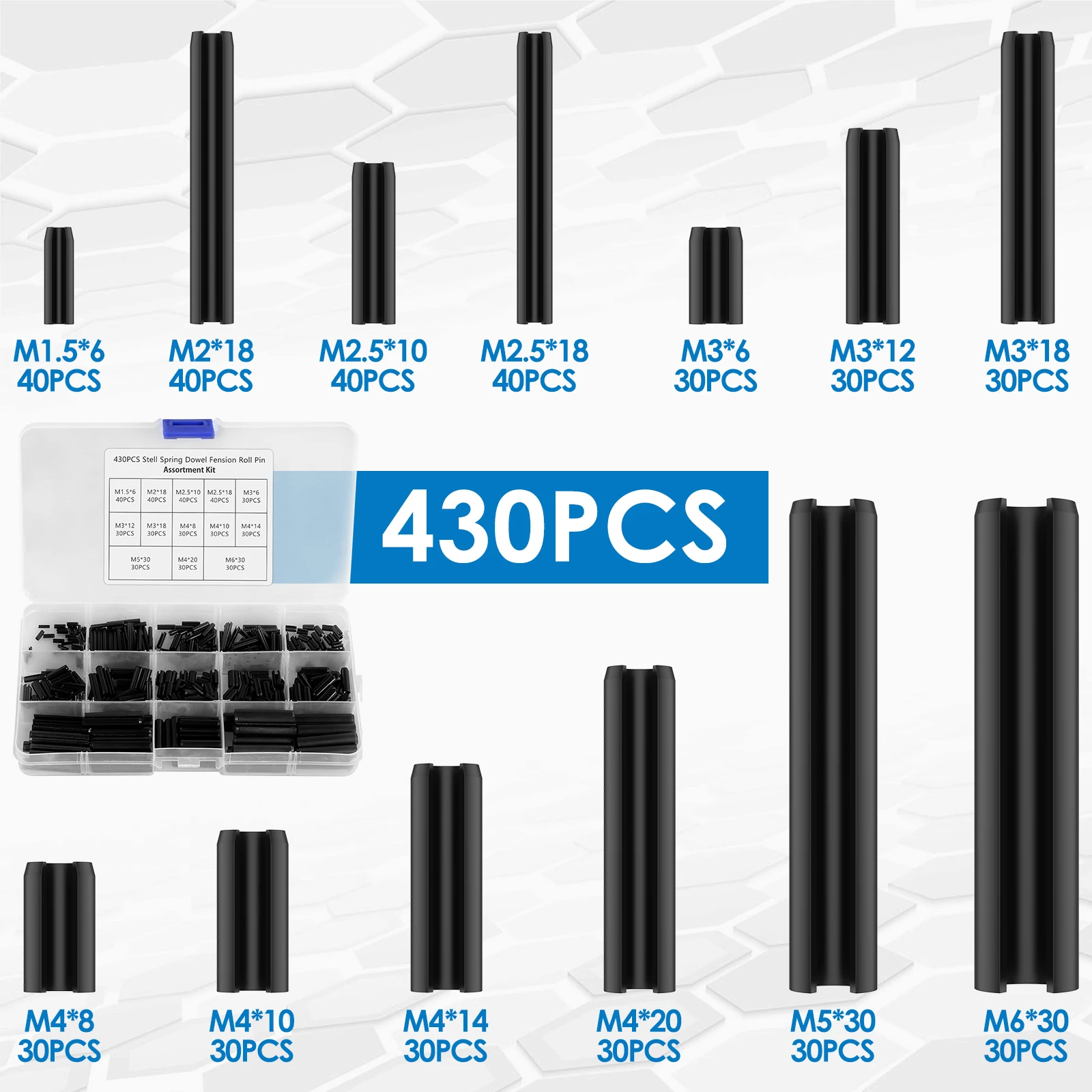 430Pcs Roll Pin Assortment Set Carbon Steel Slotted Spring Pin Kit Split Expansion Pin Fastener Metric M1.5/M2/M2.5/M3/M4/M5/M6