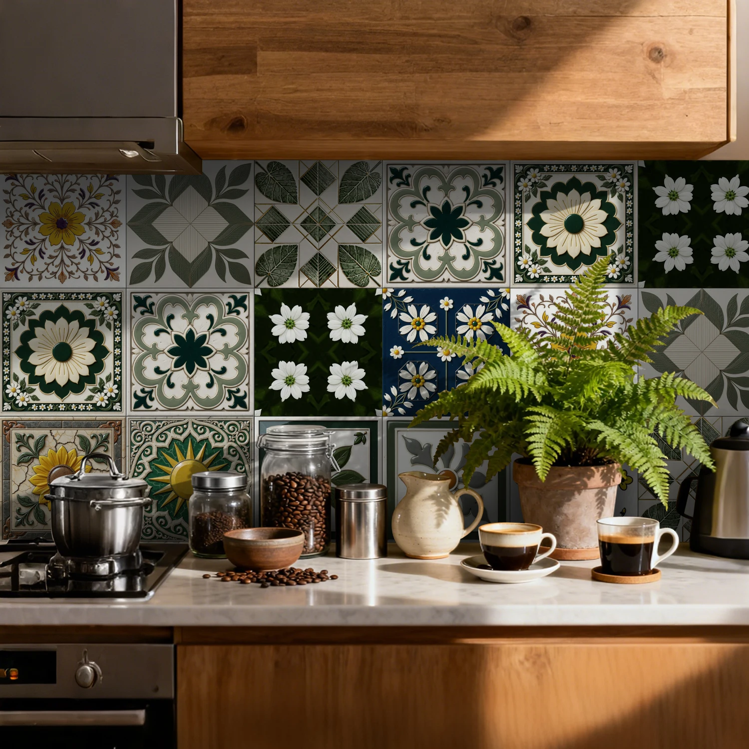 24pcs Morandi green floral tile self-adhesive paper, suitable for kitchens and bathrooms, removable waterproof wall stickers,