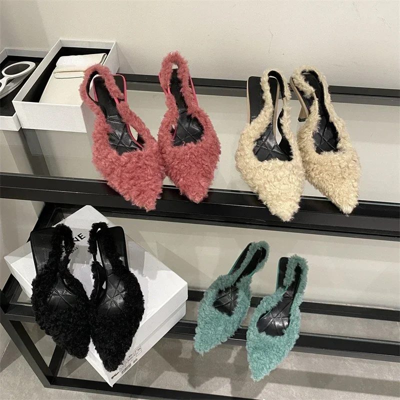 High Heel Plush Slides Woman Fashion Elegant Pointed Toe Lamb Hair Slippers Ladies Luxury Plush Evening Party Pump Shoes 2024