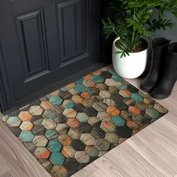 Vintage Hexagon Wood Grain Door Mat Wooden Decorative Floor for Living Room Bedroom Entrance Bathroom Kitchen Dirt-Proof Doormat