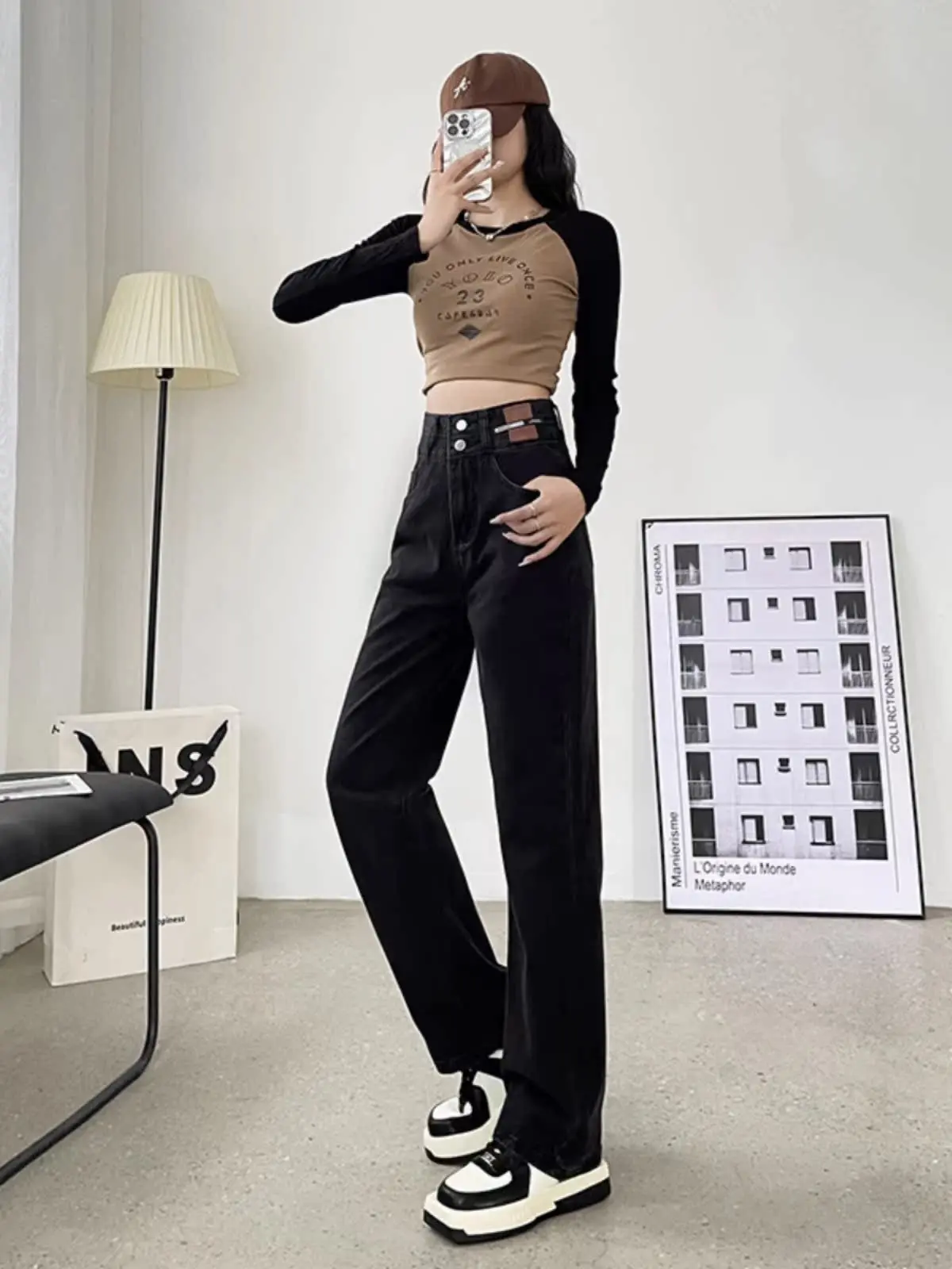 High Waist Wide Leg Denim Jeans Women's Slimming Spring Autumn New Style Versatile Loose Straight Cut Trousers Retro Short Size