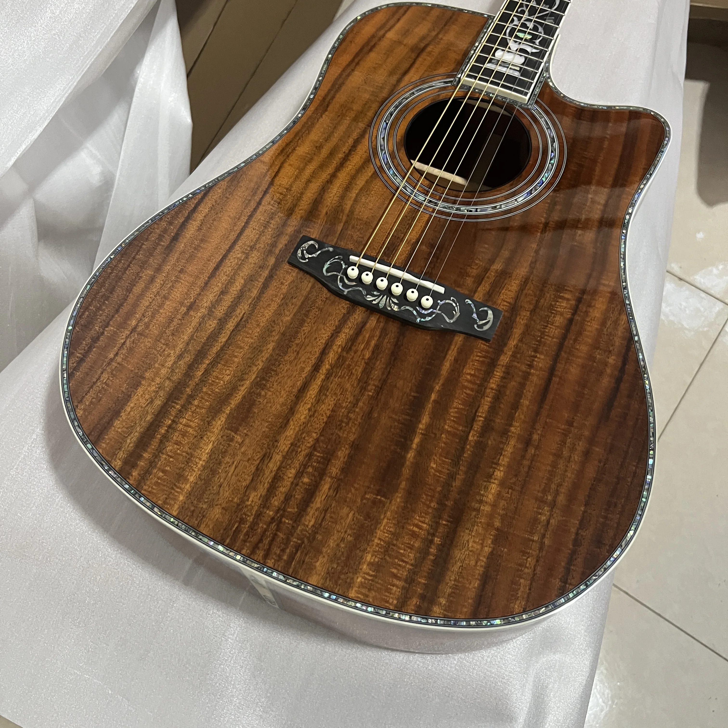 Dark Brown All Koa Wood D45 Acoustic Guitar Ebony Fingerboard Vase Inlay view 3