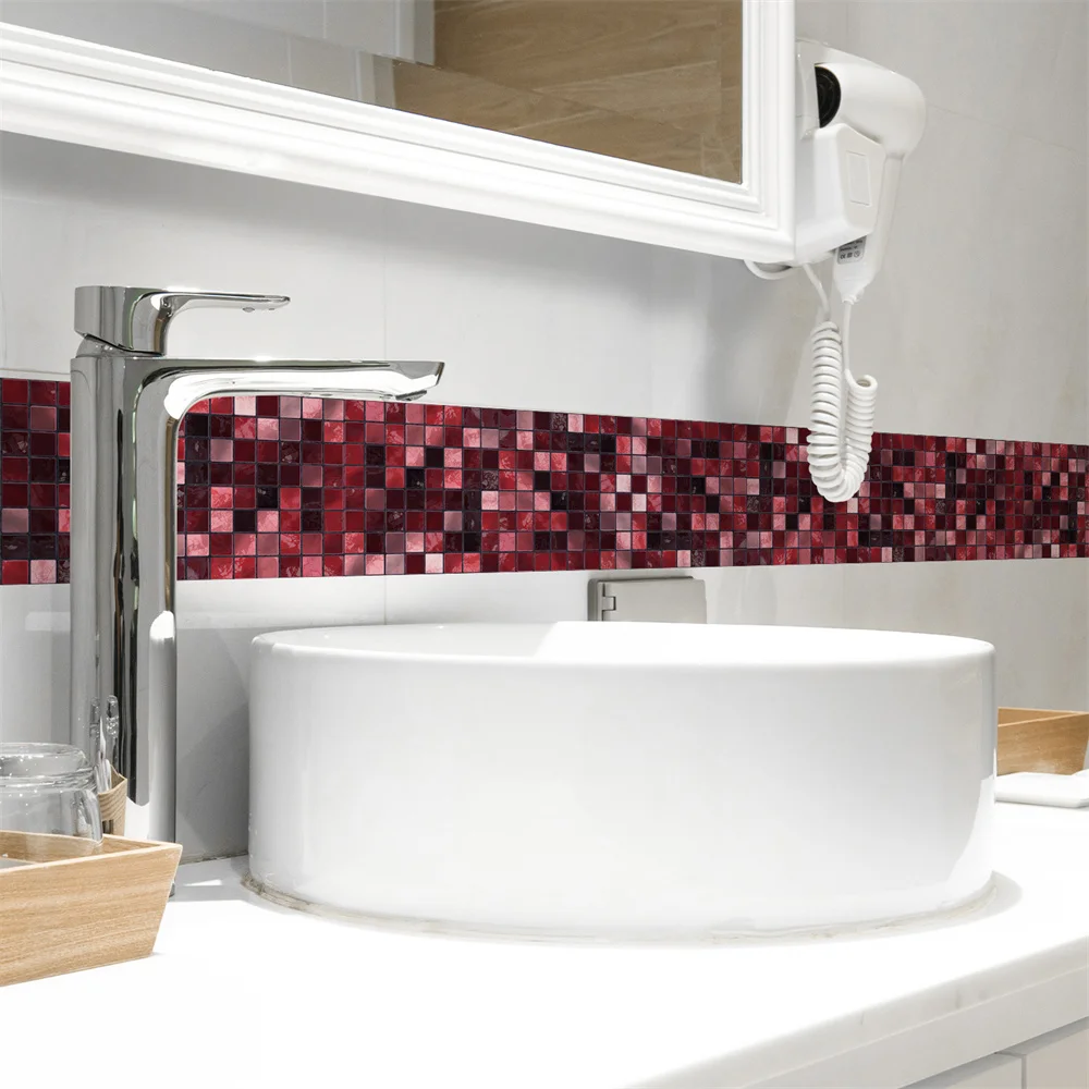 Red Mosaic Bathroom Waterproof Waistline Wall Stickers Self Adhesive Baseboard Border Tile Wall Stickers Modern Wallpaper Border