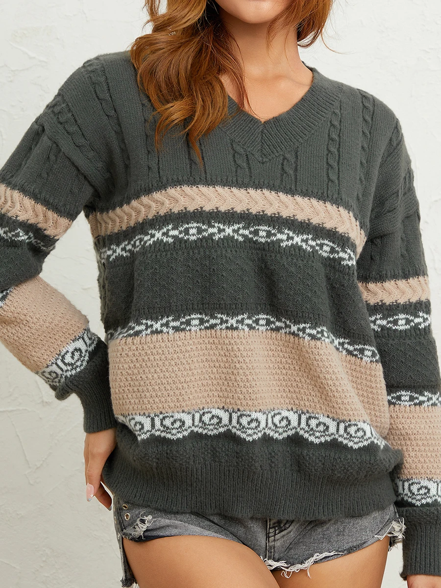 

Women 2023 Fashion Wild Sweater Stripe Patchwork V-Neck Long Sleeve Oversized Knitted Tops Autumn Winter Casual Loose Pullovers