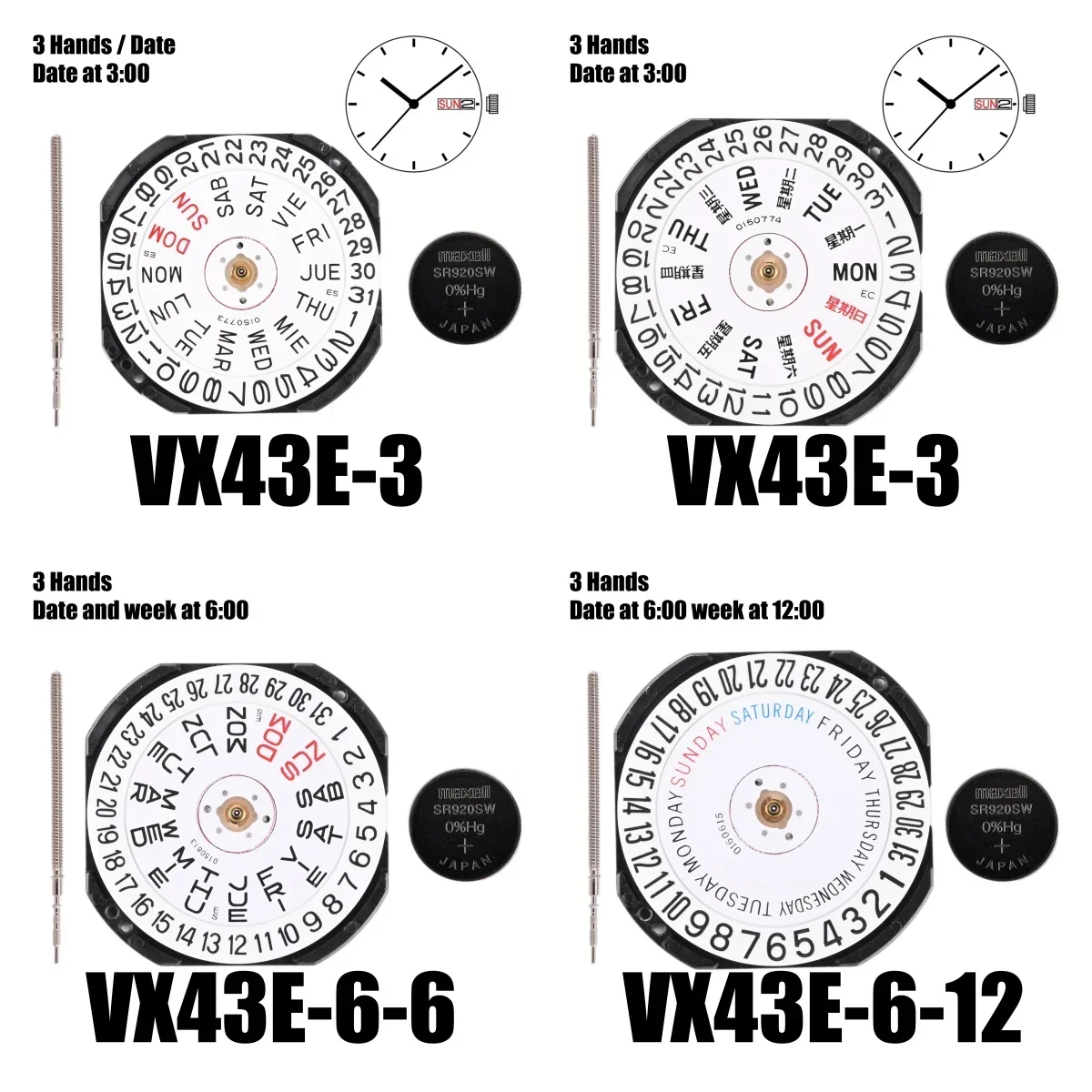 vx43 movement epson VX43E movement japan watch movement VX43E-3 with day-date display at 3 japan movement Spain and English