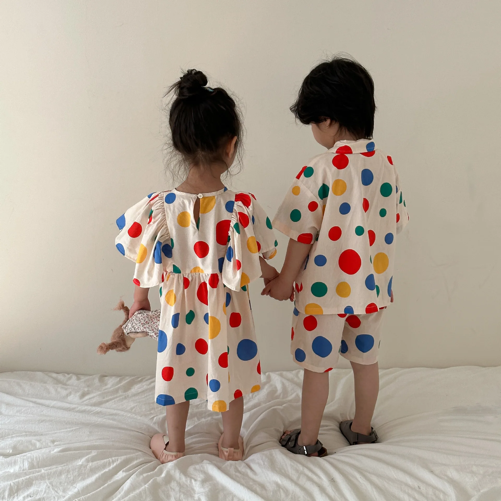 Sister Brother Matching Color Clothes Baby Girls Dress Puffy Sleeves Child Boys Shirts Shorts Two Piece Sets Twins Kids Clothing