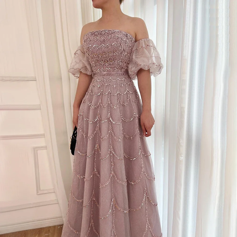 Serene Hill Arabic Pink A Line Strapless Beaded Evening Dresses Party Gowns Formal Occasions Wedding Customized 2025 GLA72130