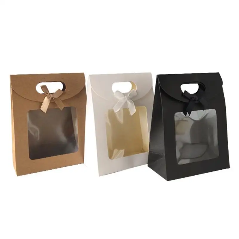 1Pcs Black/White Gift Bags Clear Window Kraft Paper Bag Handle Candy Biscuits Cake Packing Box Eid Mubarak Gift Bag Christmas