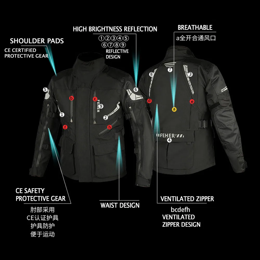 Motorcycle Jacket Waterproof Winter Jacket Interior Detachable Biker Jacket Built-in CE Protector Biker Clothes For 4 Season