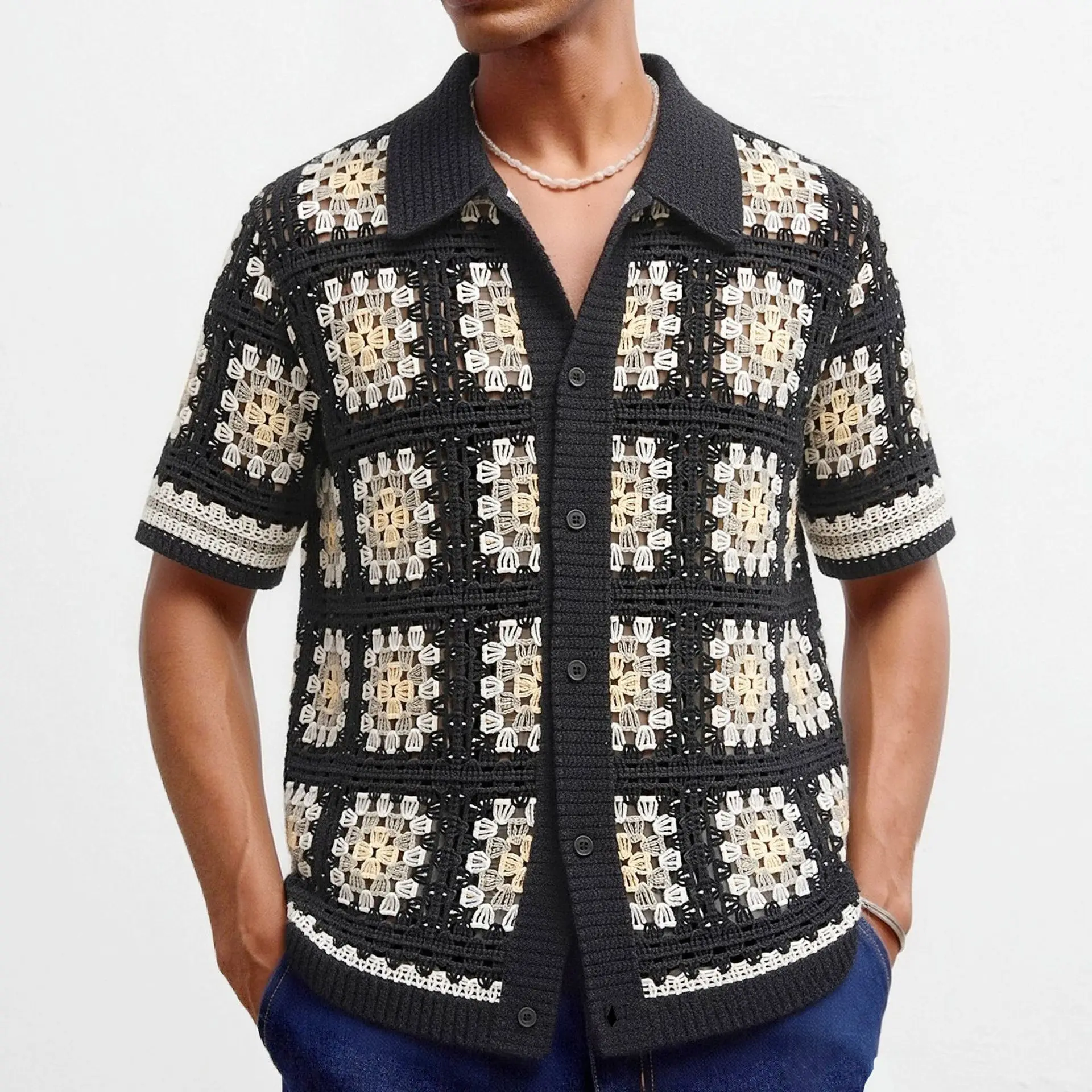 Men Color-coded Plaid Simple Casual Short Sleeve Turn-down Collar Hollow Out Loose Knitted Shirts Male Vintage Fashion Clothes