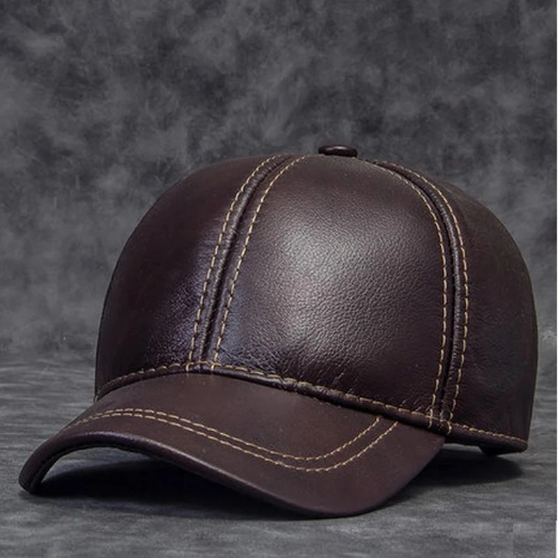 Casquettes de baseball en cuir véritable pour hommes, chapeau de camionneur, noir, marron, extérieur, hockey, golf, pêche, mâle, tout neuf, hiver, 2024