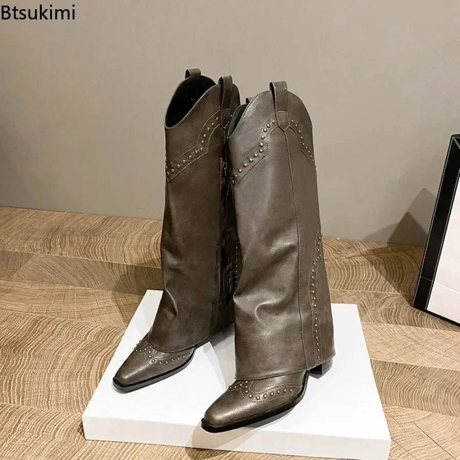 

2025 Women's Retro Slip On Cowgirl Boots Pointed Toe Rivet Design Ladies Square Low Heel Long Boots Shoes Female Winter Footwear