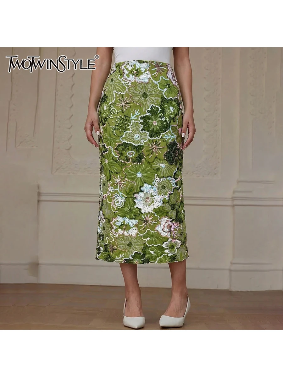 TWOTWINSTYLE Flower Spliced Sequin Slimming Midi Skirt for Women High Waist Patchwork Zipper Casual Skirts Female Fashion Style