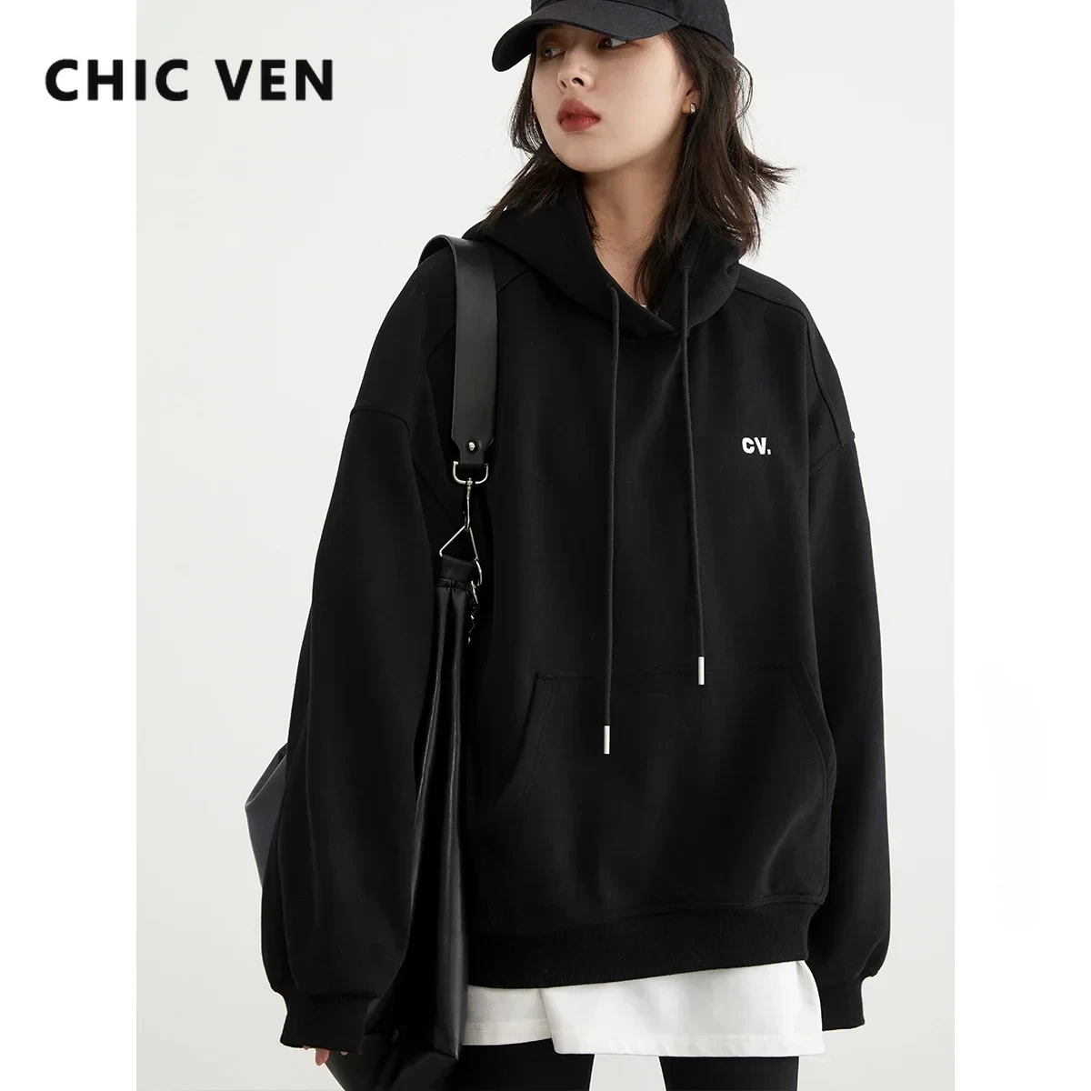 CHIC VEN Women's Sweatshirts Casual Hooded Soild Letter Embroidered Tops Loose Plush Warm Pullover for Woman Autumn Winter 2023