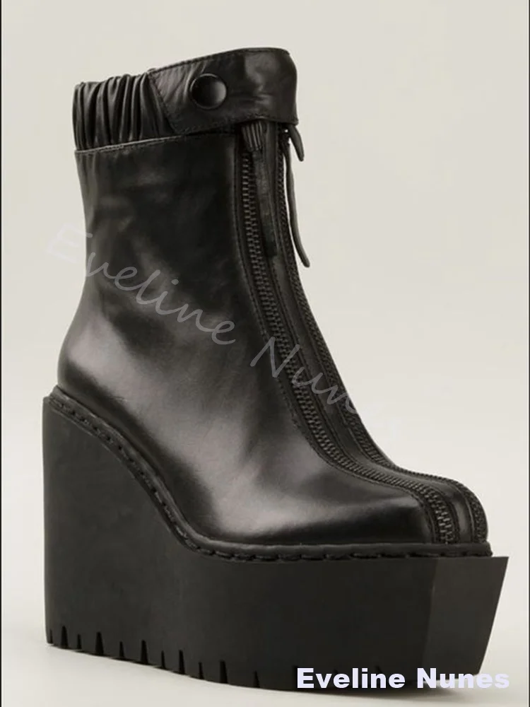 

Туфли Лолиты на платформе для косплея, женские черные кожаные ботинки до середины икры с круглым носком на танкетке и молнией спереди, новые модные повседневные ботинки