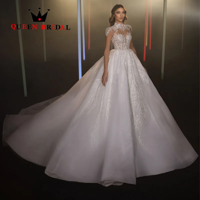 

Luxury Beading Sequined Lace Wedding Dresses 2024 New High Neck Court Train Birdal Ball Gowns Vestidos De Novia Custom Y07X