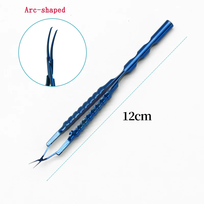 Ophthalmic capsulorhexis forceps made of titanium alloy, with a small incision and a circular handle. The angle shape of the cap