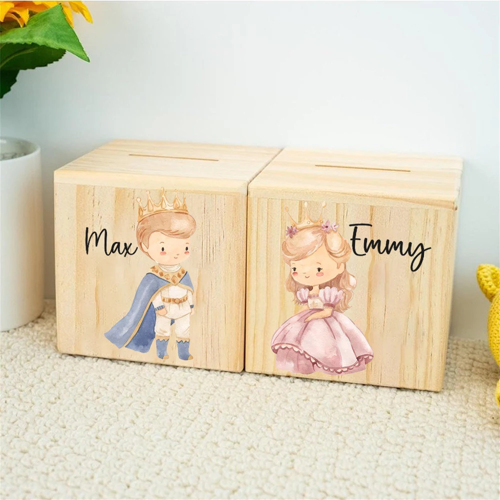 Hucha personalizada Príncipe y princesa con nombre, caja de dinero, cajas de almacenamiento de monedas, bancos de dinero de madera, regalo de cumpleaños y vacaciones para niños