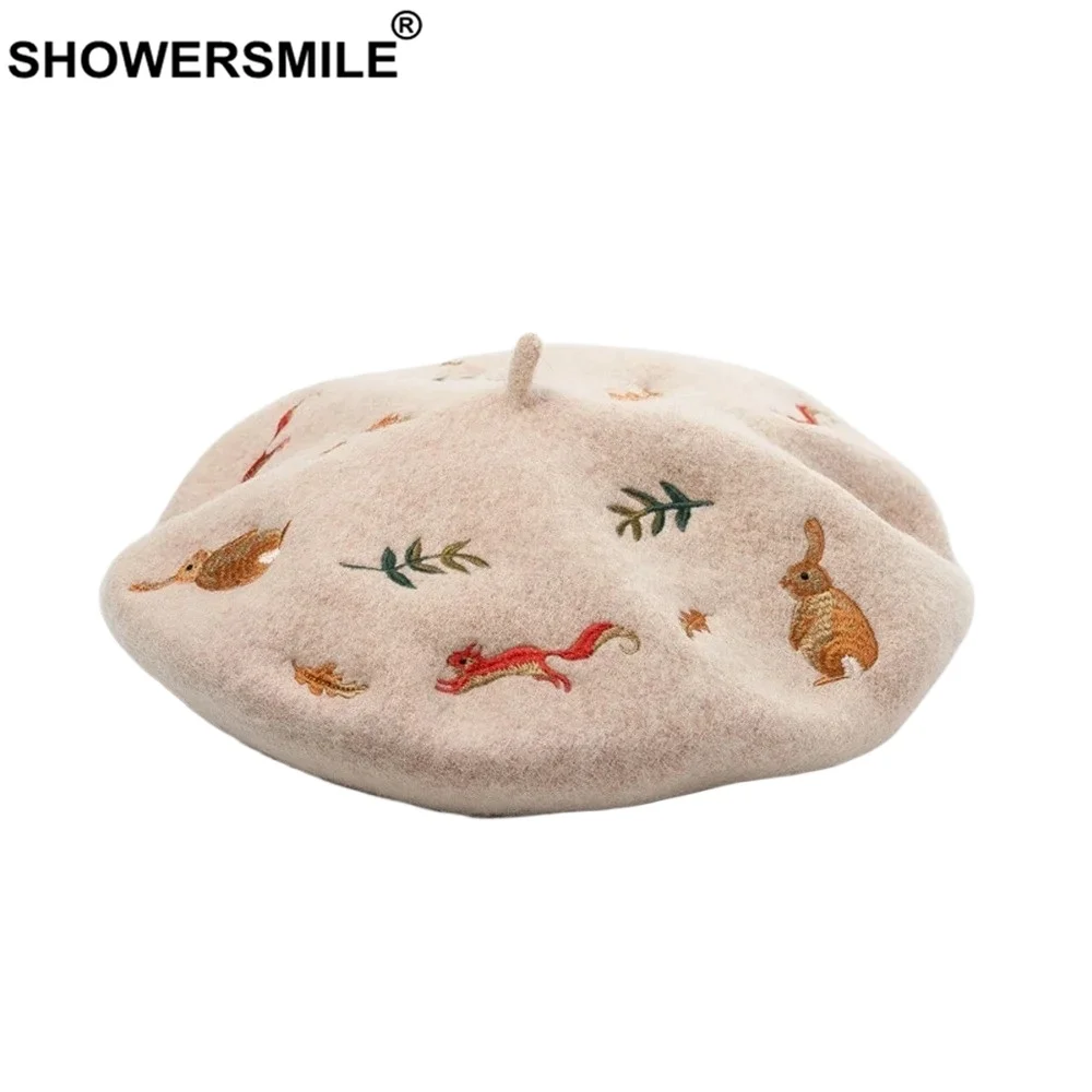 

Новые дизайнерские зимние шапки для женщин: шерстяной берет, женская шапка-гриб с вышивкой в виде листьев верблюда, кролика, белки, винтажная, брендовая