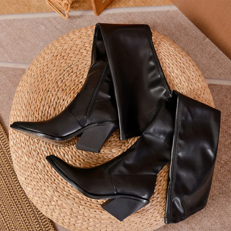 Ins style Fashion Stretch Leather Women Thigh High Boots Autumn Winter High Heels Slim Over The Knee Boots Shoes Botas Mujer