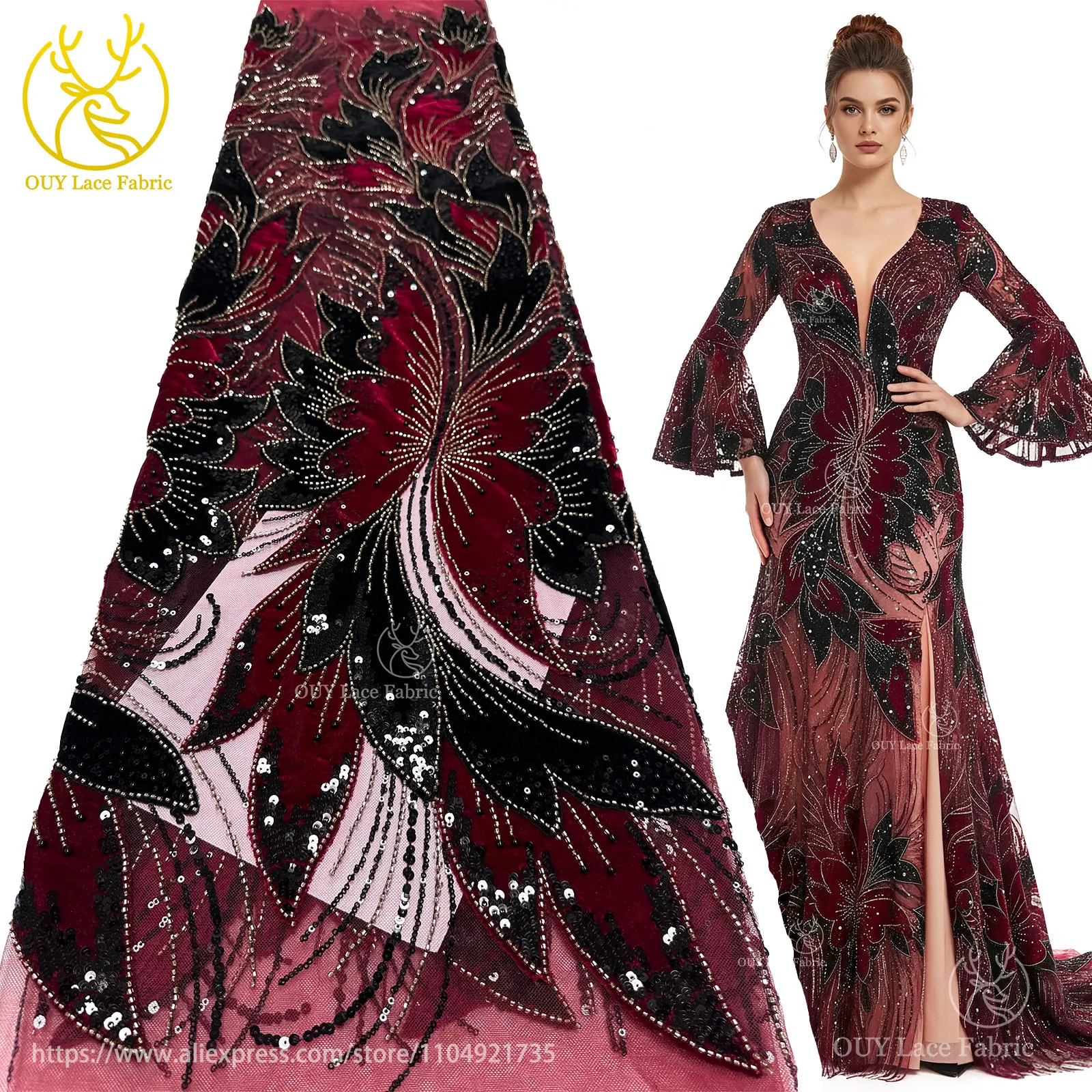 

Premium African Handcrafted Velvet Beaded Mesh Lace Fabric 2026 French Sequined Lace Fabric Designed for Wedding Party Dresses