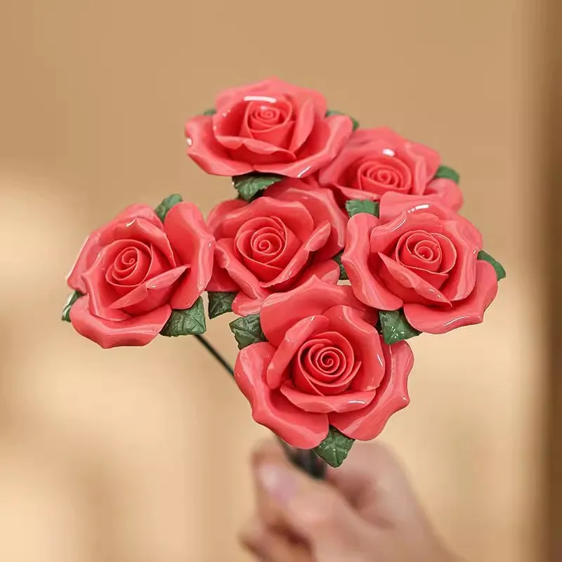 

6pcs Hand-sculpted Ceramic Flower Artificial Rose Bouquet Everlasting Non-Fading Flower Arrangement Home Decor Gift