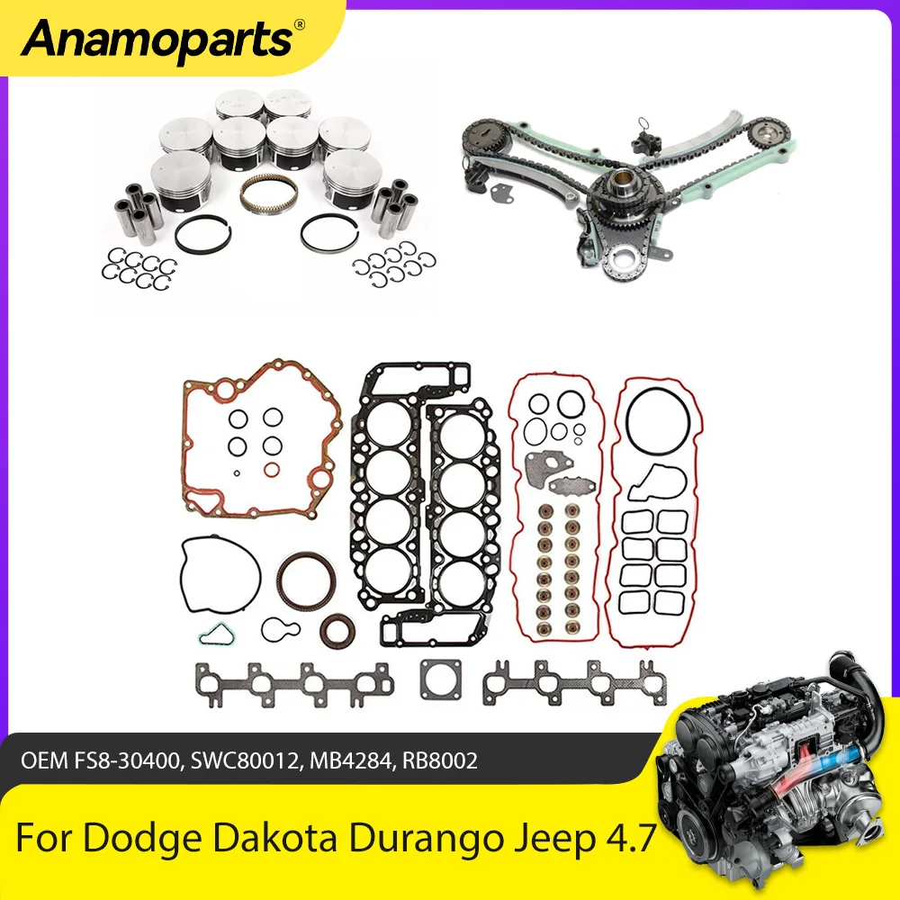 

Engine Parts Piston Ring Full Gasket Set Timing Chain Kit Fit 4.7 L V8 Gas EVA For 99-03 Dodge Dakota Durango Jeep 4.7 HS26157PT