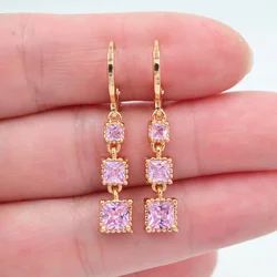 Fashion Gold Color Lovely Pink CZ Zircon Square Blocks Dangle Earrings for Women